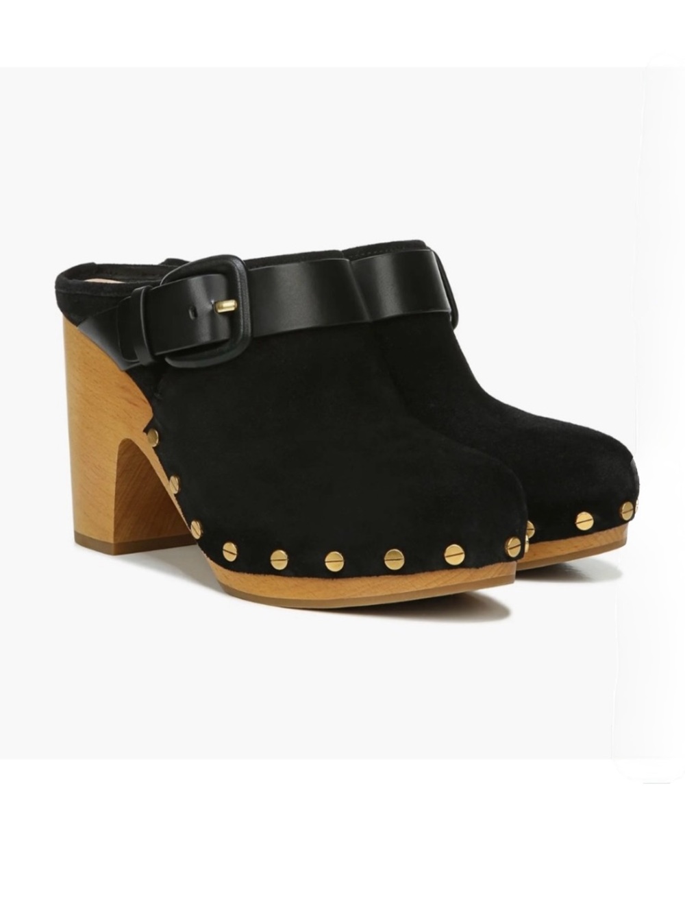 Veronica Beard Dacey buckled studded black suede stacked heel clogs size 8 new
